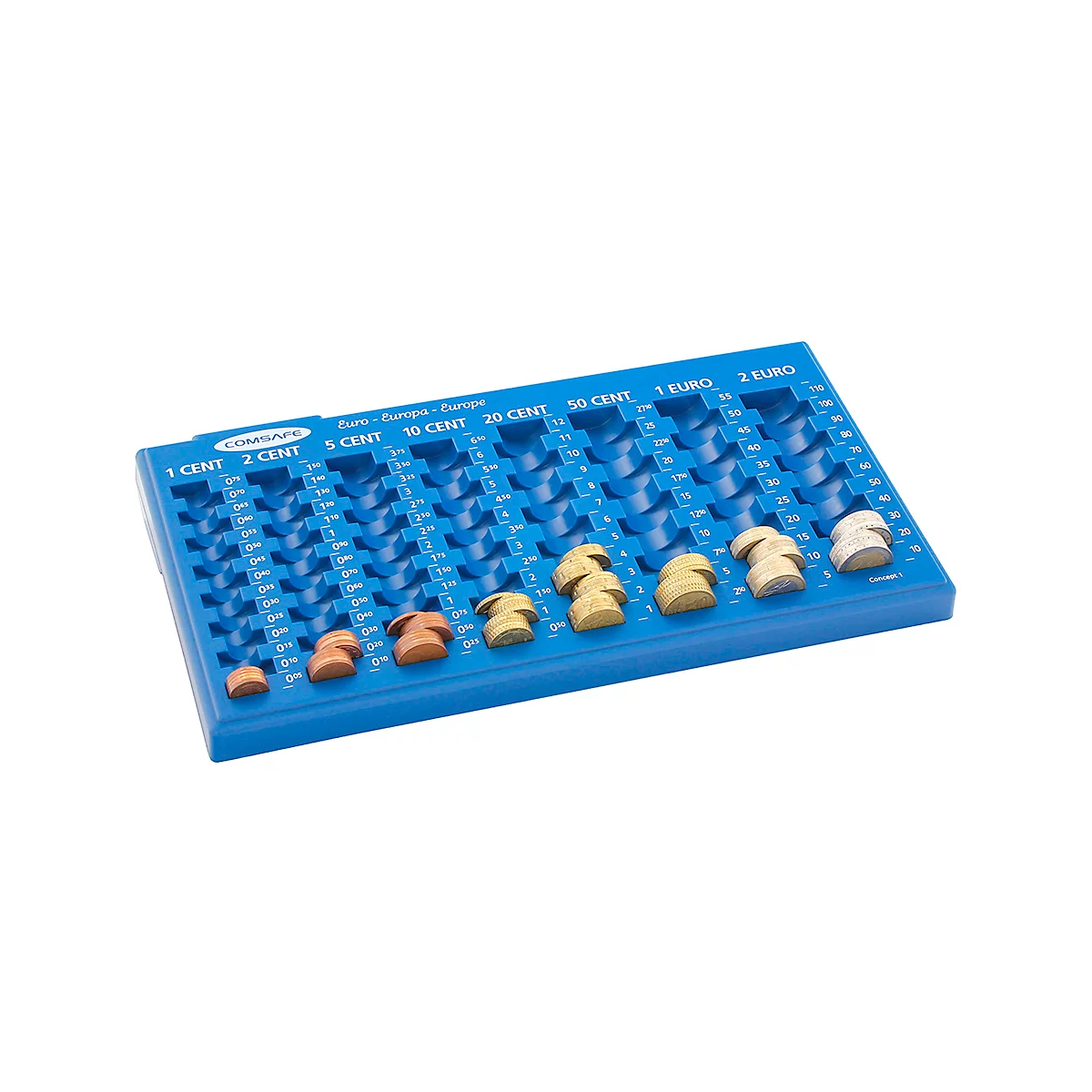 Blue money tray with wooden Euro coins in different sizes. The labels are: 1 Cent, 2 Cent, 5 Cent, 10 Cent, 20 Cent, 50 Cent, 1 Euro, 2 Euro.