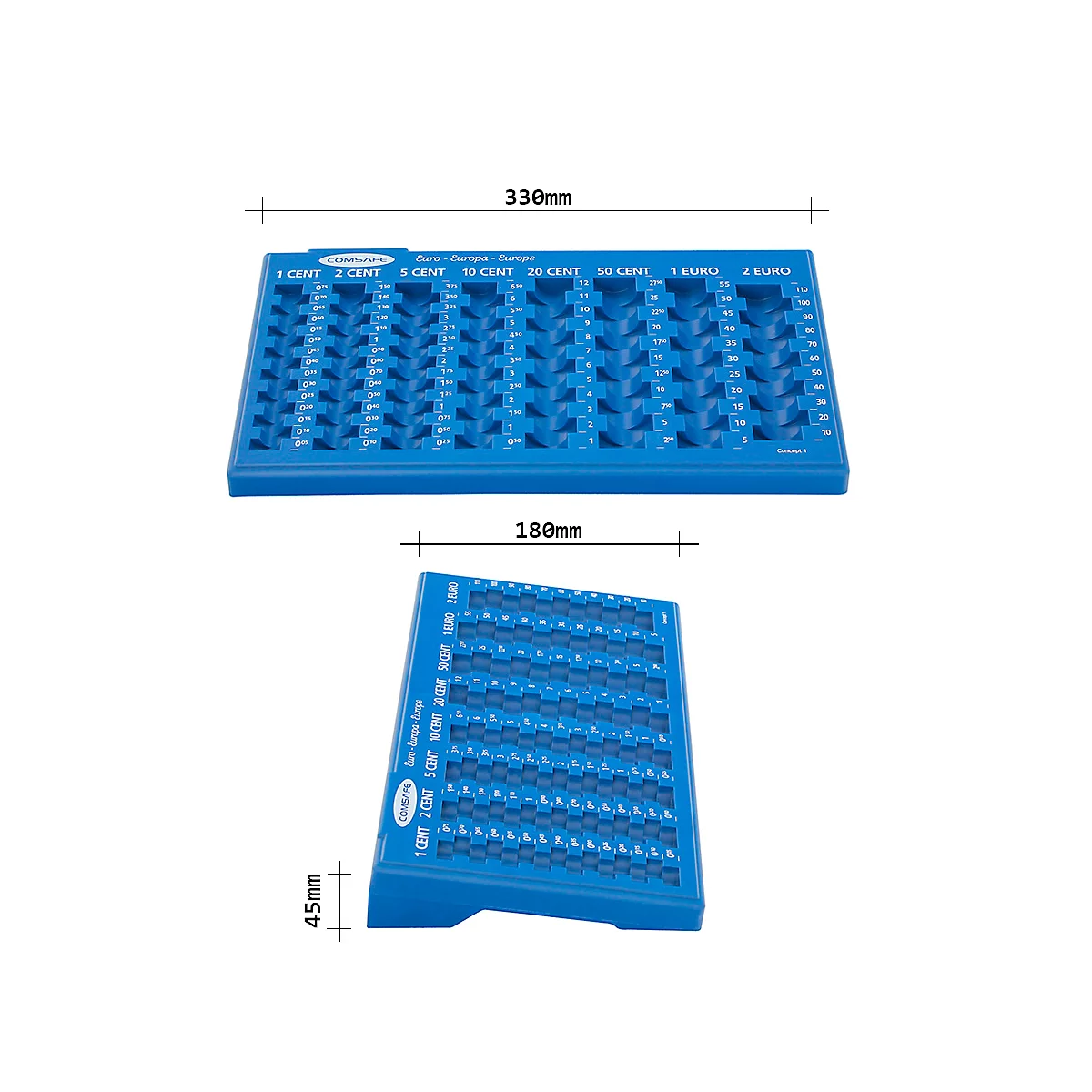 Blue coin counter with different recesses for Euro coins. Text with dimensions at the top.