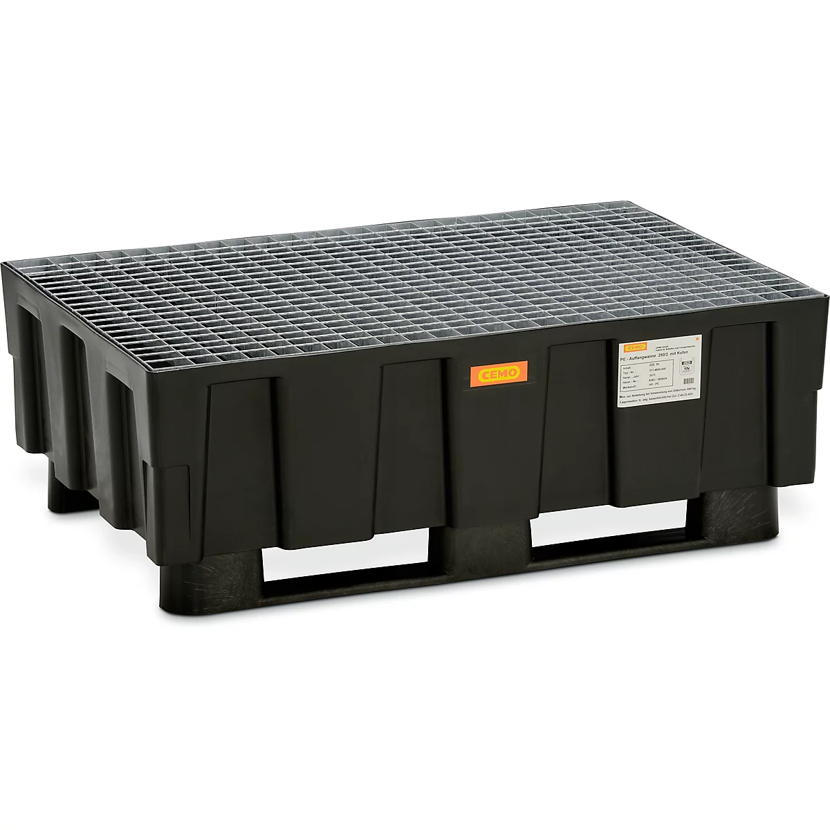 EURO opvangbak 250/2 CEMO, polyethyleen, met 2 sledes, met goedkeuring, B 1205 x D 805 x H 430 mm, met gegalvaniseerd rooster