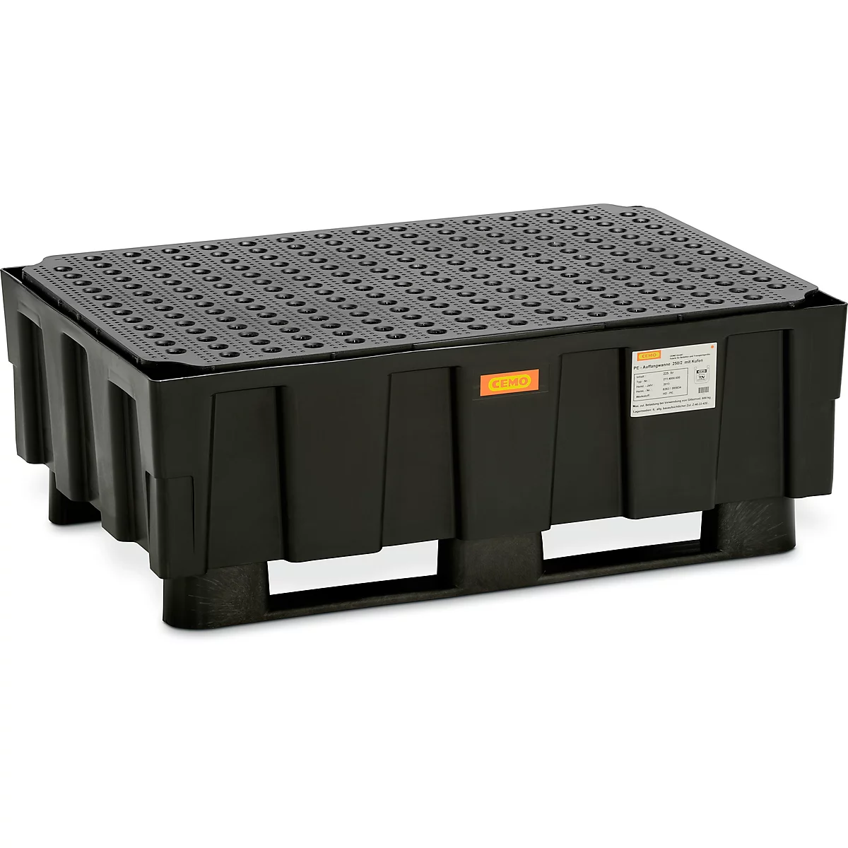 EURO opvangbak 250/2 CEMO, polyethyleen, met 2 sledes, met goedkeuring, B 1205 x D 805 x H 440 mm, met PE rooster