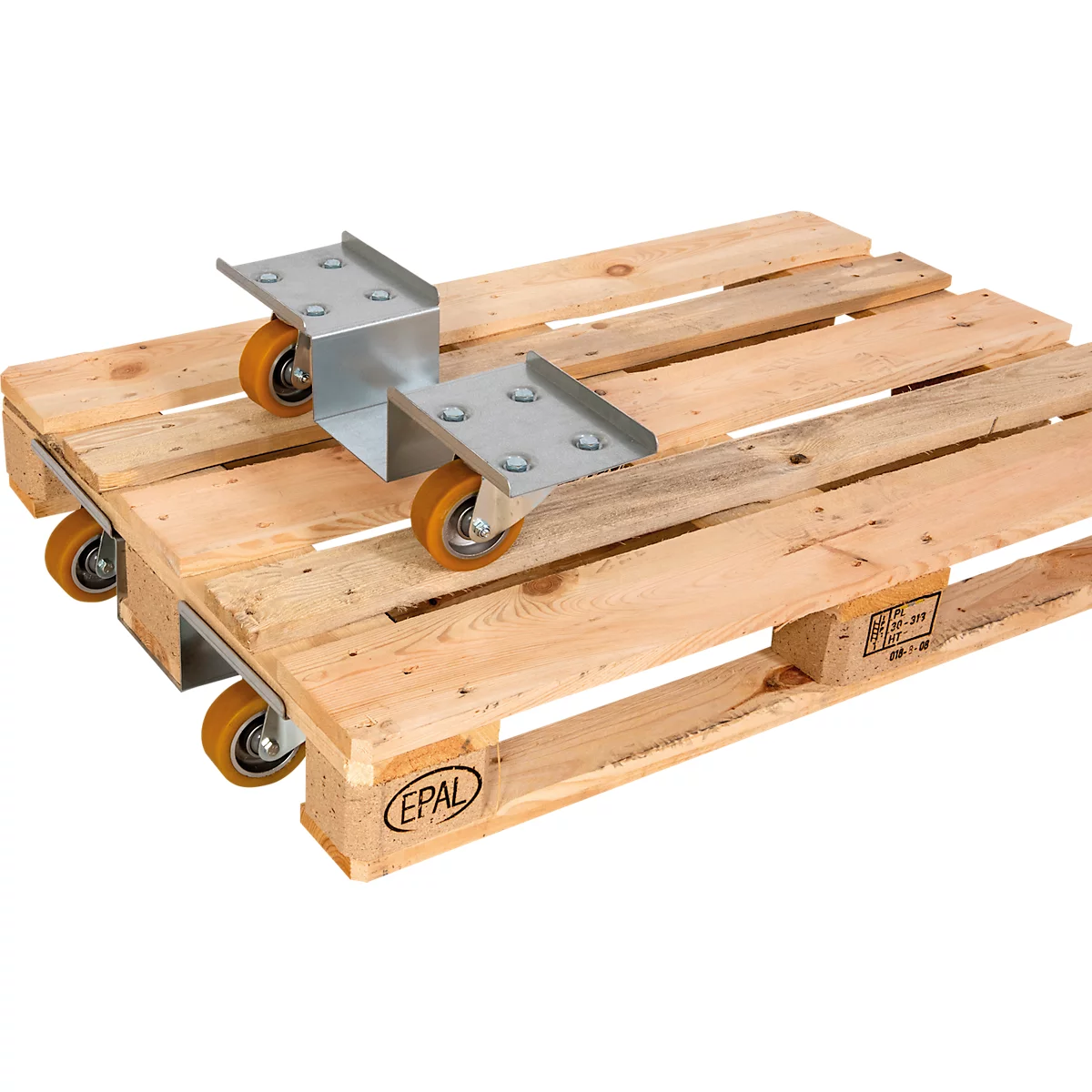 Holzpalette mit Rollen, die auf einer weißen Oberfläche steht.