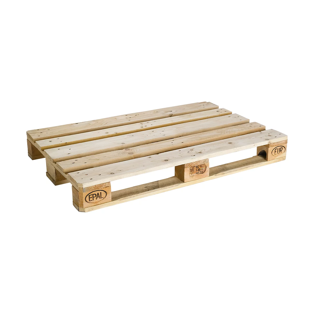 Light brown wooden Euro pallet. It has several cross boards attached to blocks. The EPAL logo is on the blocks.