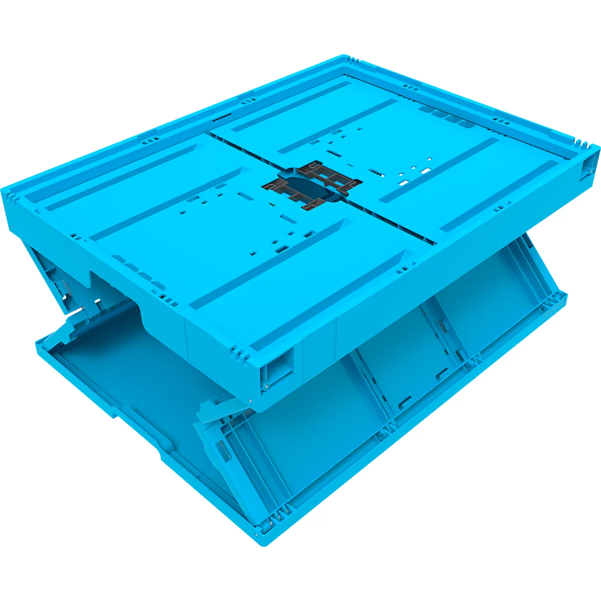 Light blue, folded, rectangular plastic container. The edges, folding mechanism, and interior of the container are visible.
