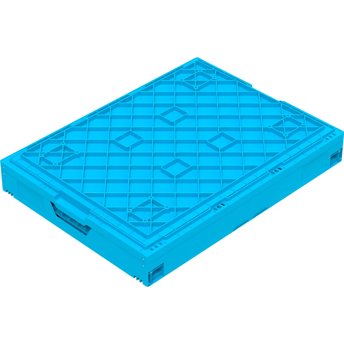 Blue, rectangular storage element with a grid pattern on top and recessed handles on the sides.