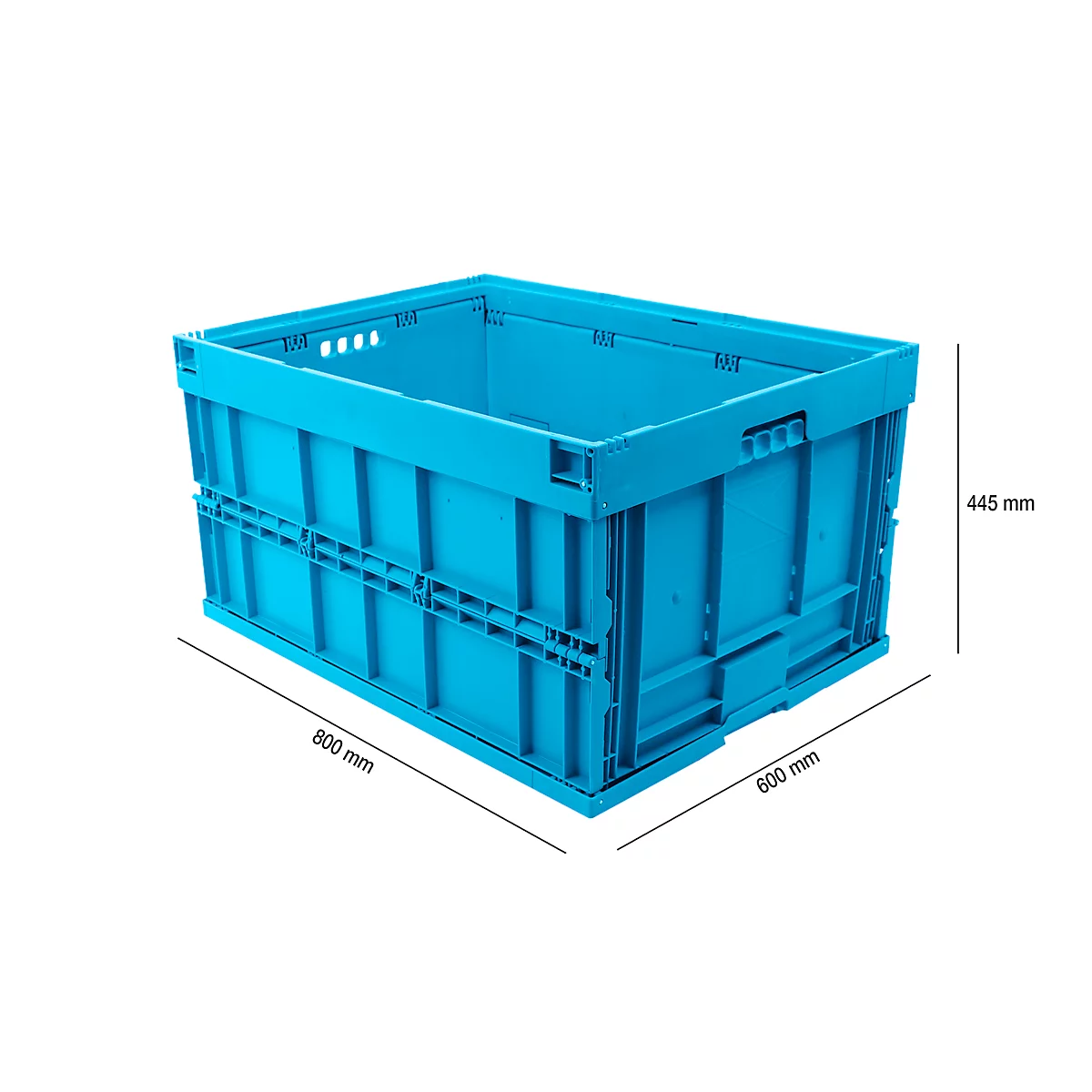 Light blue rectangular plastic box. Dimensions: 800 mm x 600 mm x 445 mm. The box is shown against a white background.