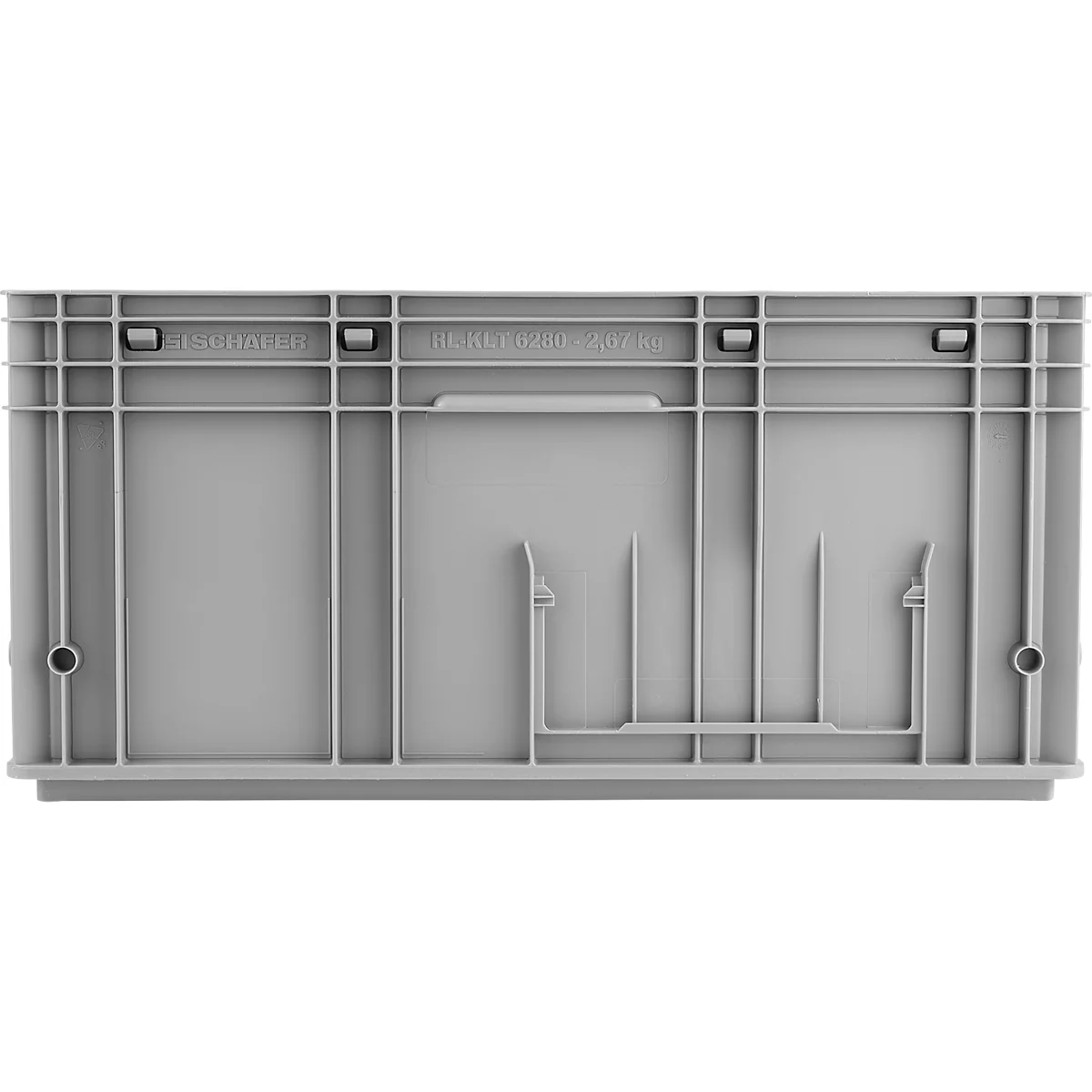 Lichtgrijze plastic container, onderkant met spanten en beugels. De handgreep is in het midden aangebracht.