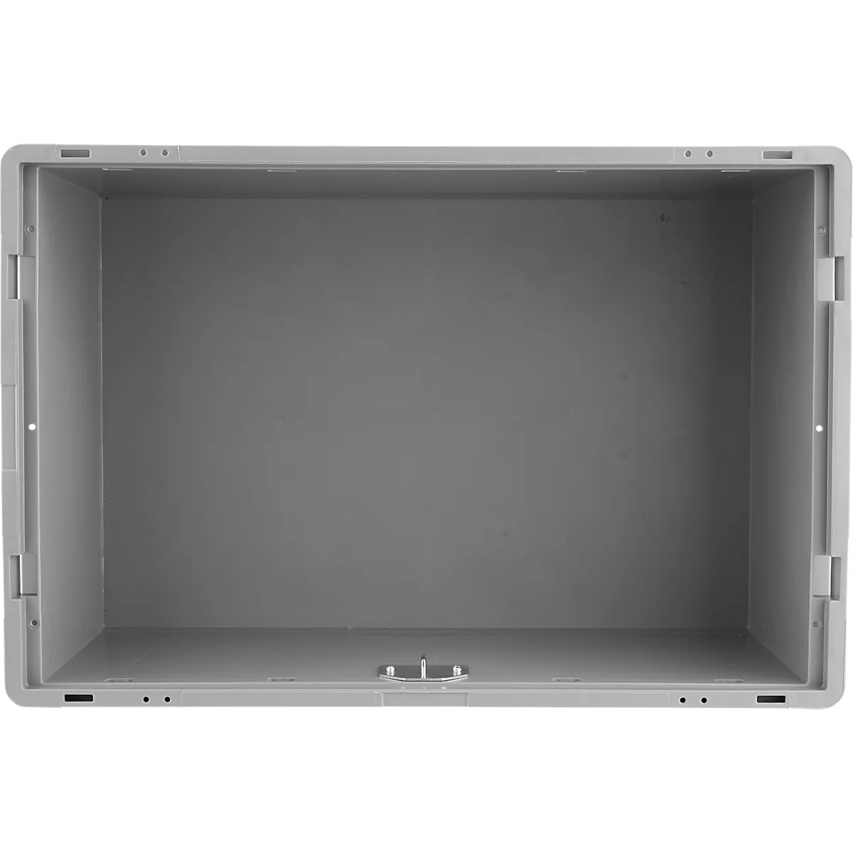 Grijze plastic doos, leeg, bovenaanzicht.