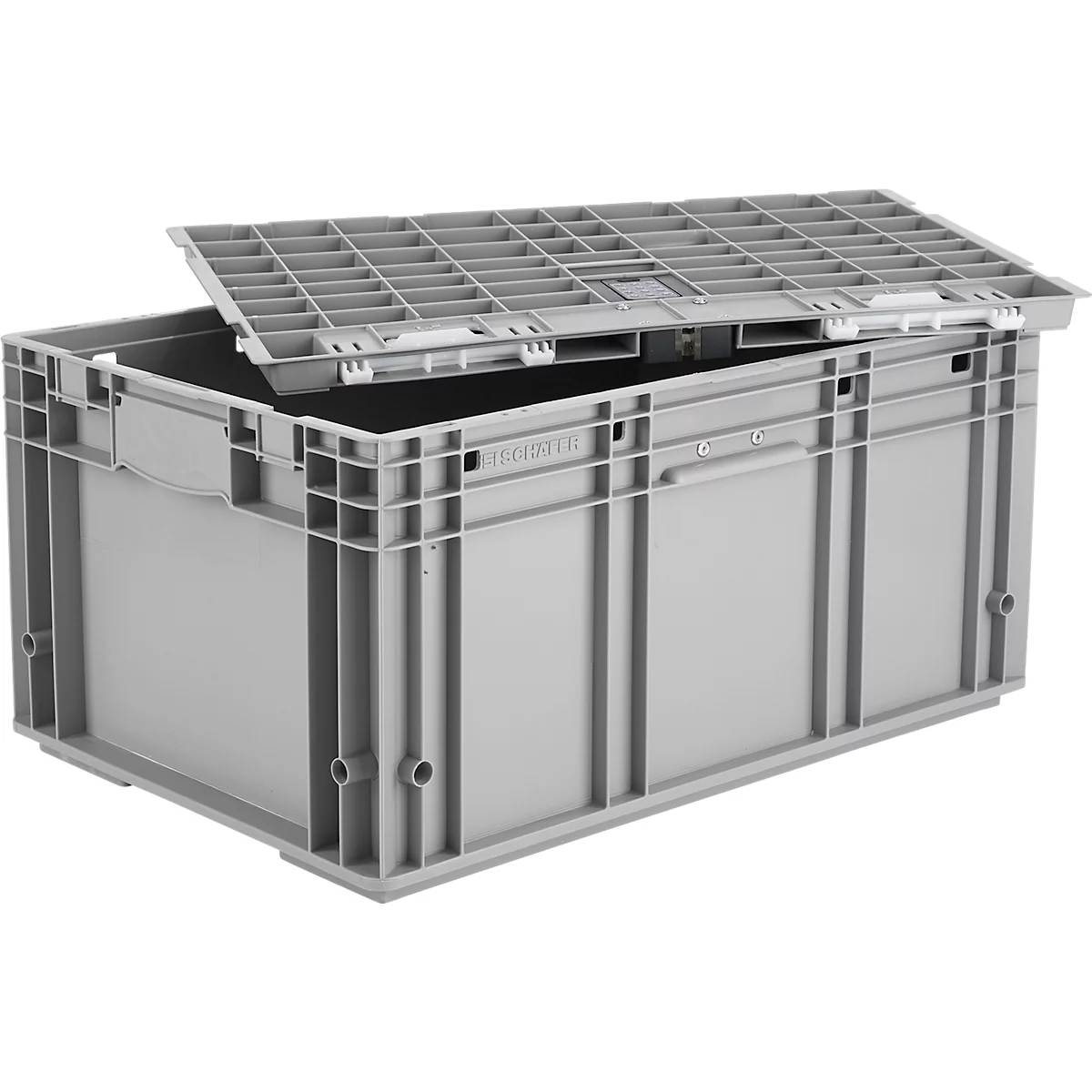 Grijze plastic box met gedeeltelijk open deksel. Gedetailleerd beeld met handgrepen en ventilatiesleuven.
