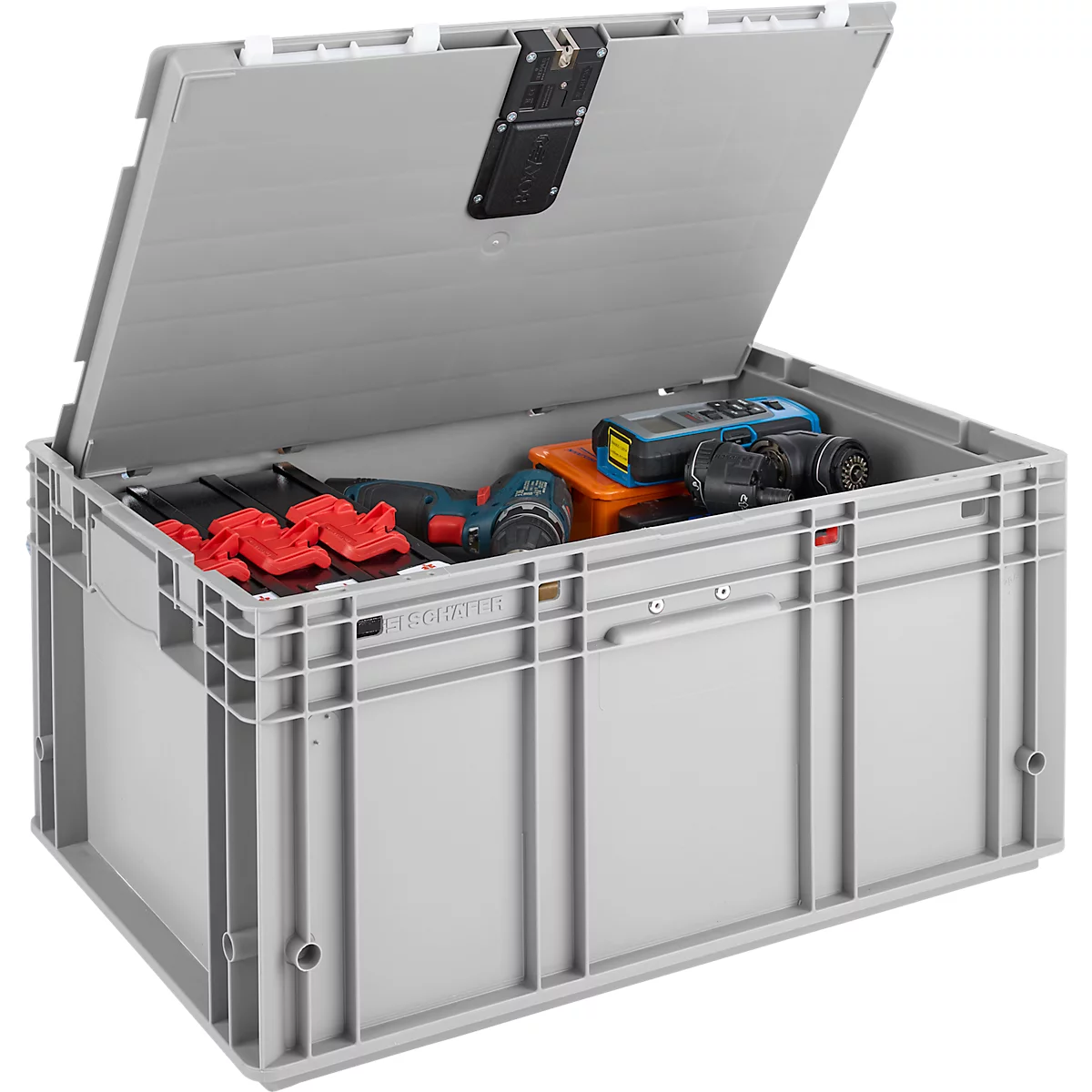 Grijze gereedschapskist met open deksel, gevuld met gereedschap. Het deksel wordt vastgehouden door een zwarte sluiting.
