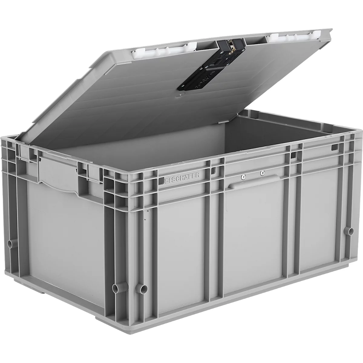 Graue Kunststoffbox mit angehobenem Deckel. Das Produkt hat ein Scharnier, einen Verschluss und Tragegriffe.