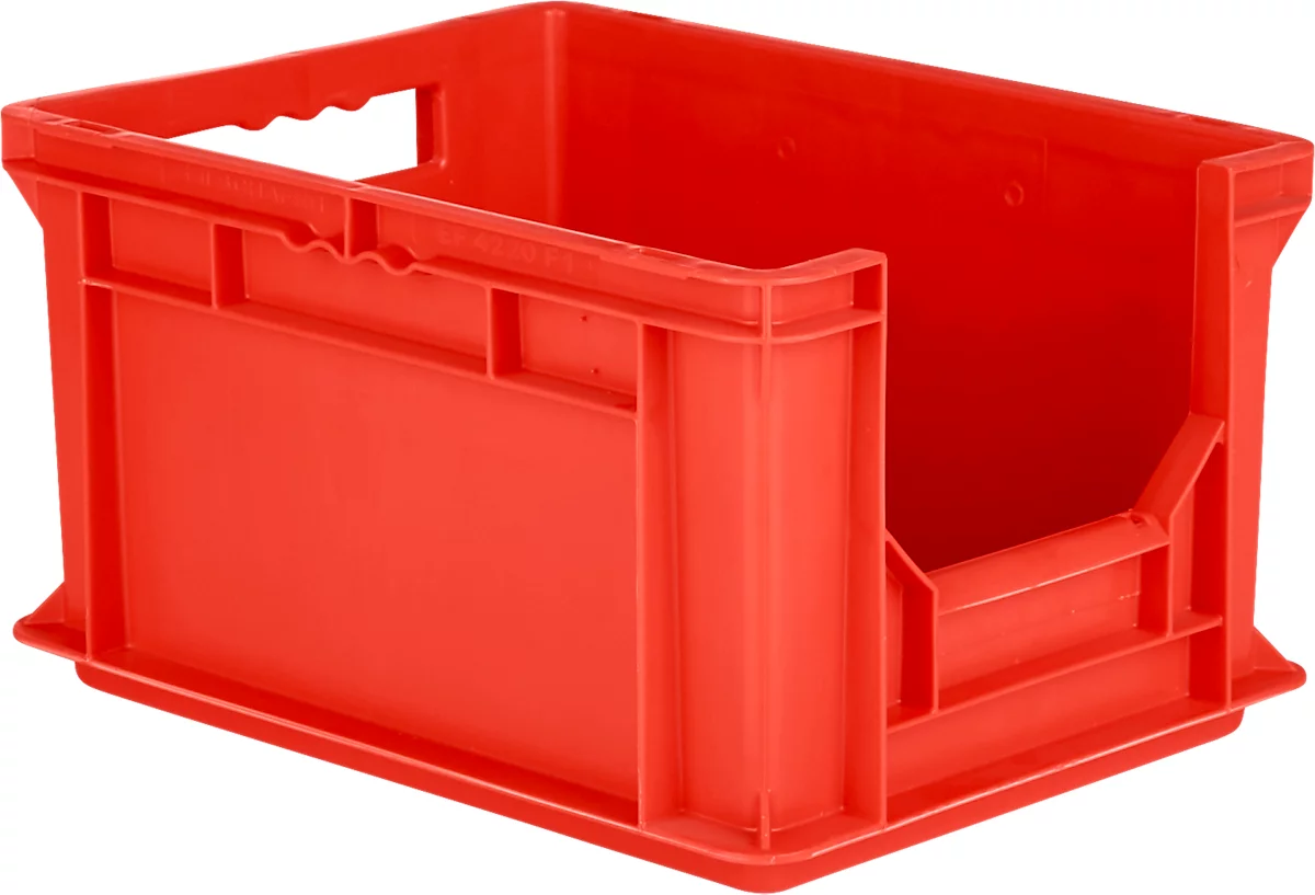 Eurobox EF 4220 F1, 20,4 l, hasta 15 kg, pared frontal cerrada y semiabierta, asas pasantes, apilable, L 400 x A 300 x A 200 mm, PP reciclado, rojo