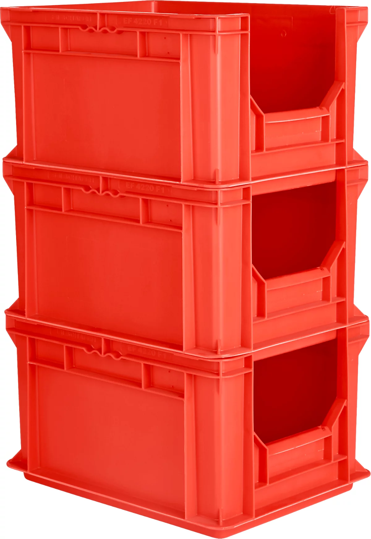 Eurobox EF 4220 F1, 20,4 l, hasta 15 kg, pared frontal cerrada y semiabierta, asas pasantes, apilable, L 400 x A 300 x A 200 mm, PP reciclado, rojo