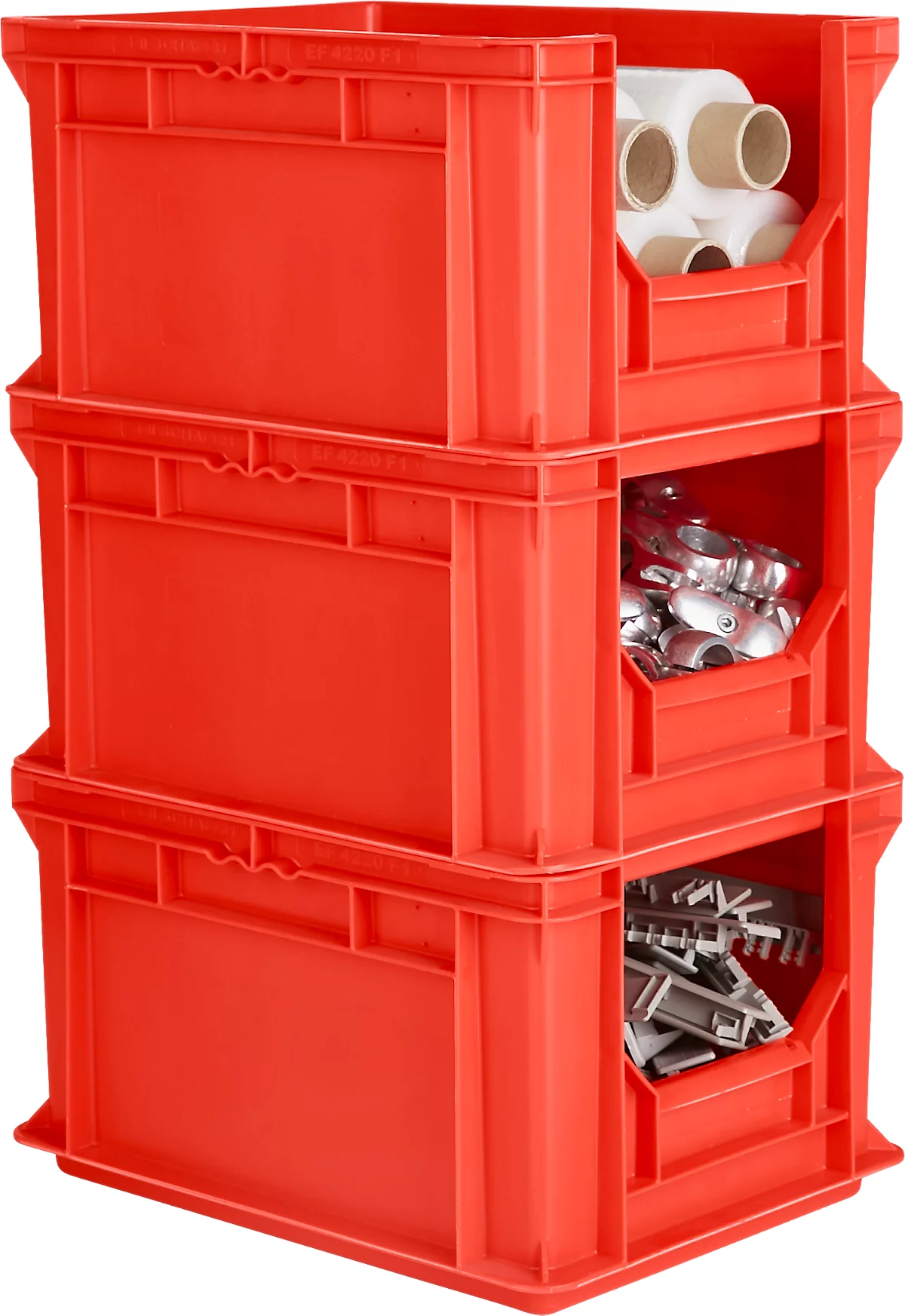 Eurobox EF 4220 F1, 20,4 l, hasta 15 kg, pared frontal cerrada y semiabierta, asas pasantes, apilable, L 400 x A 300 x A 200 mm, PP reciclado, rojo