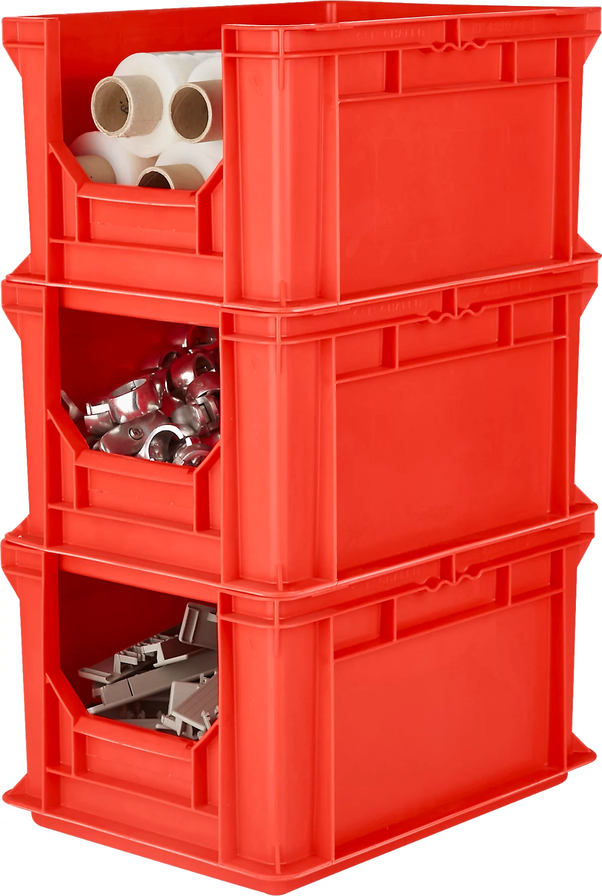 Eurobox EF 4220 F1, 20,4 l, hasta 15 kg, pared frontal cerrada y semiabierta, asas pasantes, apilable, L 400 x A 300 x A 200 mm, PP reciclado, rojo