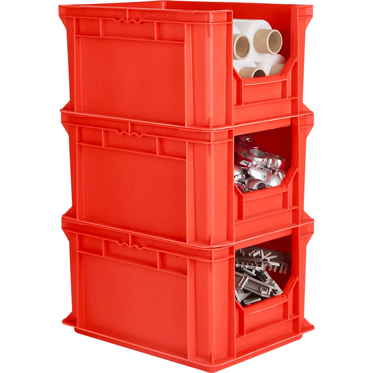 Eurobox EF 4220 F1, 20,4 l, jusqu'à 15 kg, paroi frontale fermée &amp; semi-ouverte, poignées traversantes, empilable, L 400 x l 300 x H 200 mm, PP recyclé, rouge