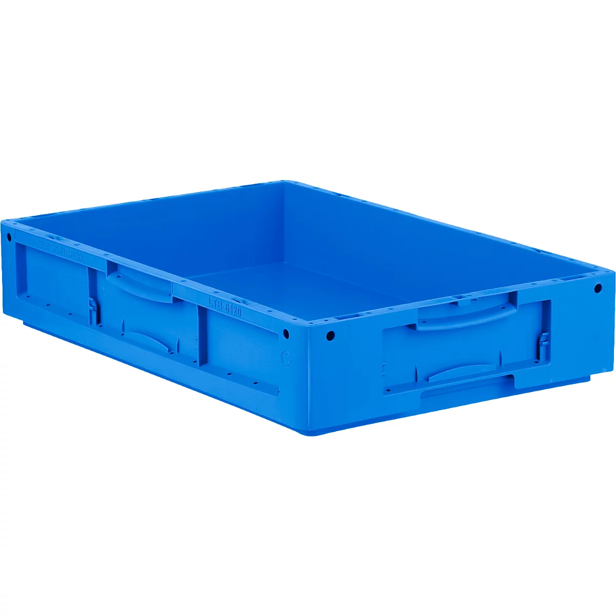 Blauwe plastic doos met handvatten. Doos staat iets schuin.