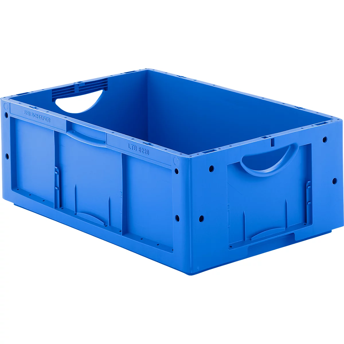 Blauwe plastic box met handvatten. Open aan de bovenkant, rechthoekige vorm. Details zijn zichtbaar in de afbeelding.