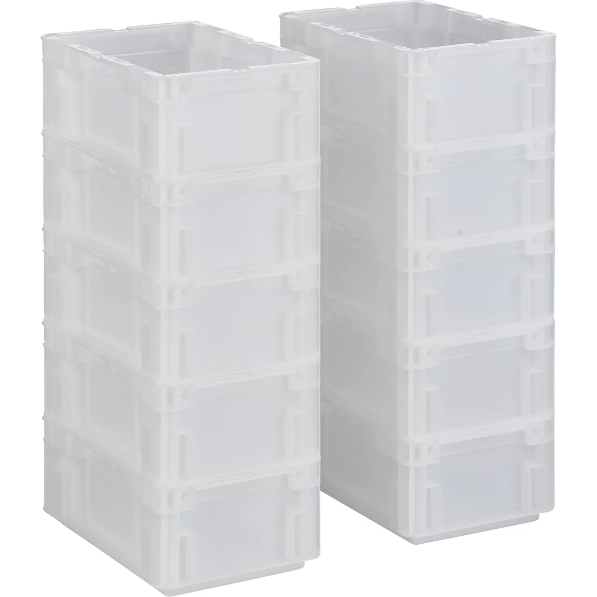 Twee torens van doorzichtige plastic dozen. Elke doos heeft een rechthoekige doorsnede met een verhoogde rand.
