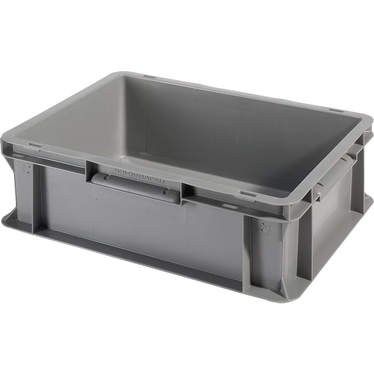 Graue Kunststoffbox, rechteckig, mit Griffen und Verstärkungen.