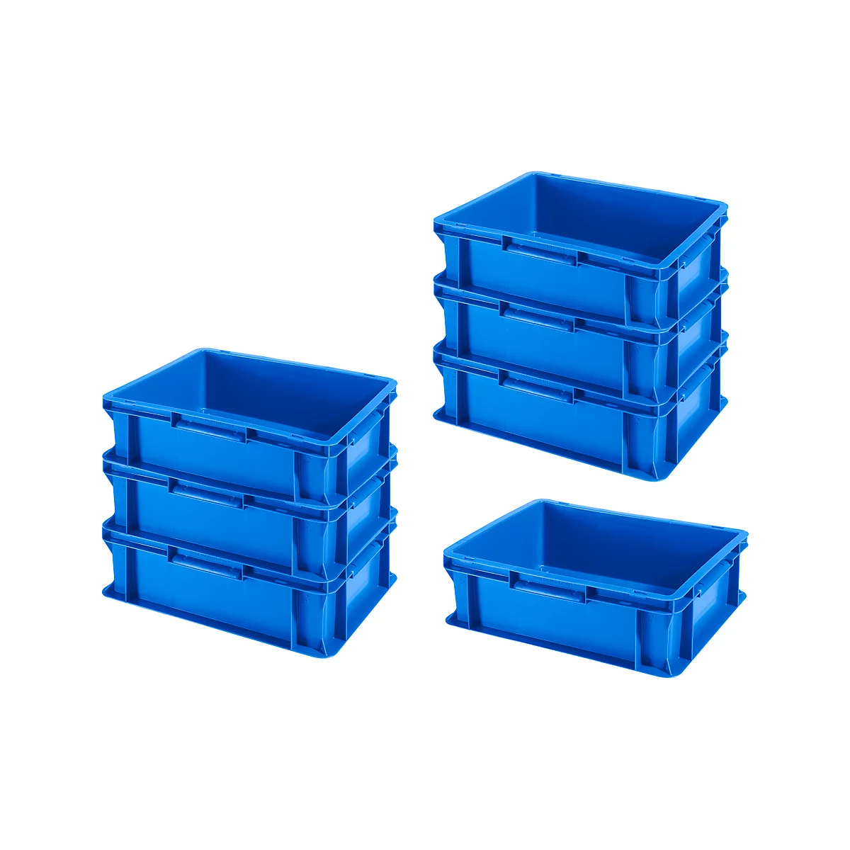 Drie stapels blauwe plastic containers; één van drie, twee van twee containers.