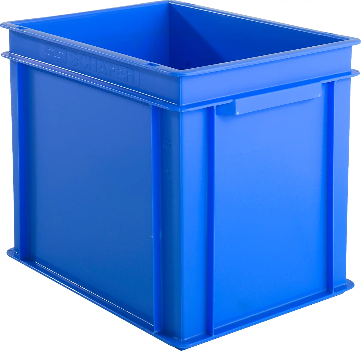 Caja de plástico azul con asas. Reforzado en la parte superior e inferior. Una banda corre por el lateral.