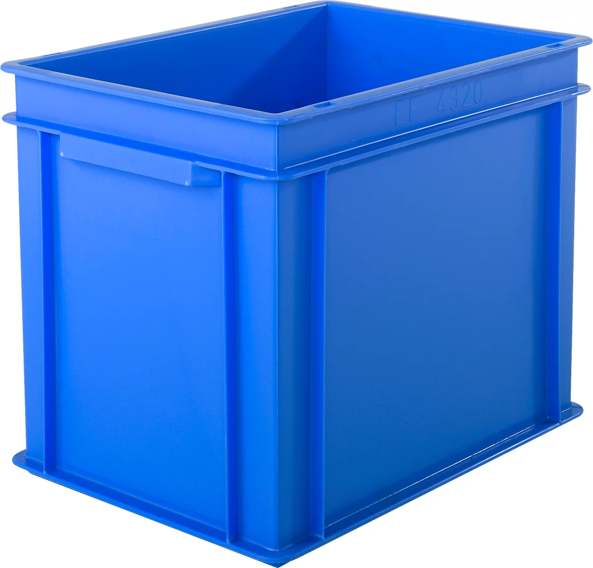 Caja de plástico azul. Forma rectangular, parte superior abierta, con asas empotradas, de pie sobre una superficie plana.