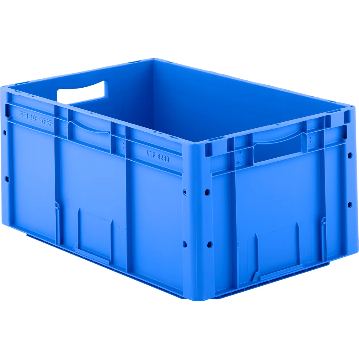 Caja de plástico azul, rectangular con aberturas para asas. Paredes laterales con nervaduras, refuerzos en las esquinas y pequeños agujeros.