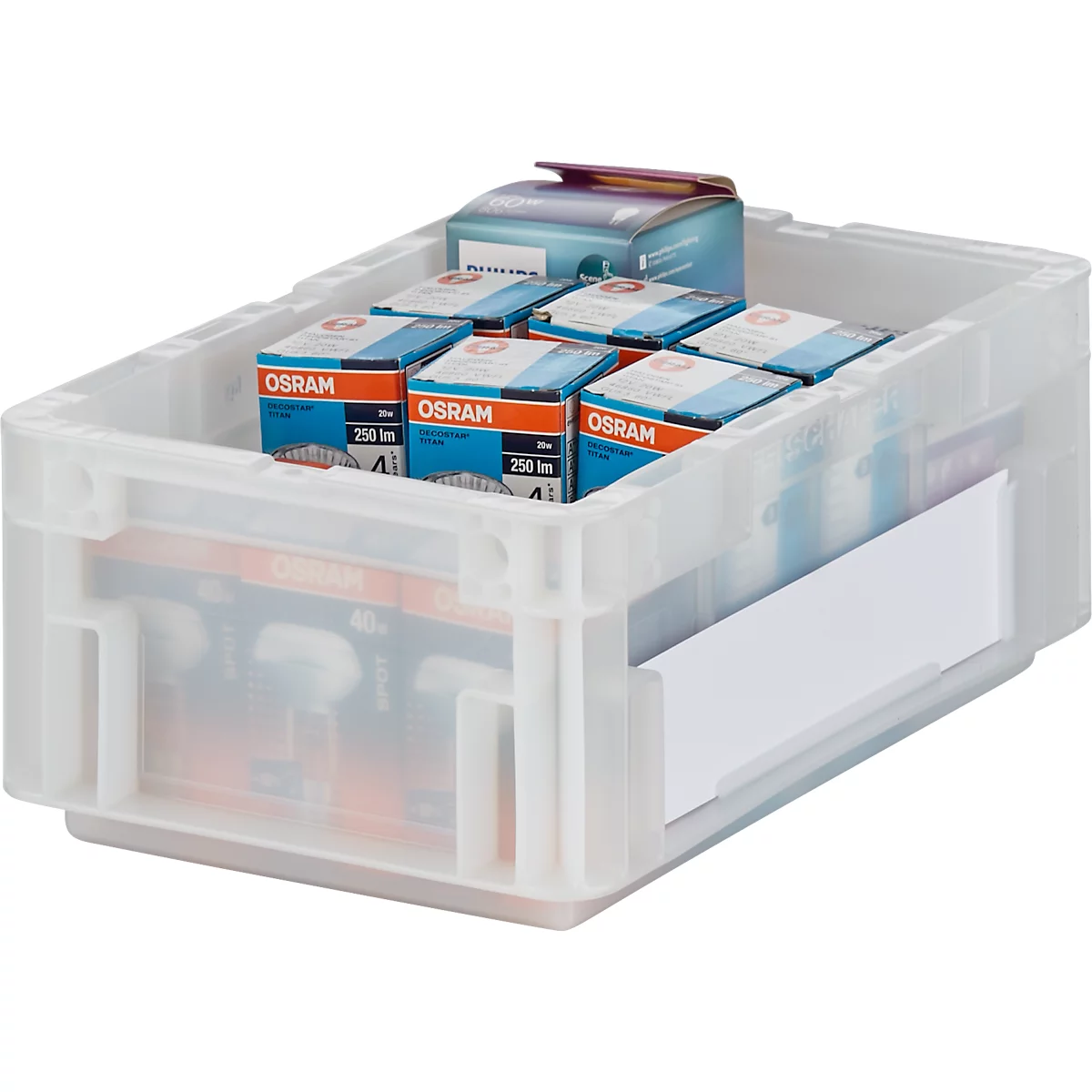 Caja de plástico transparente llena de bombillas OSRAM y otros embalajes. La caja tiene un hueco para una etiqueta.