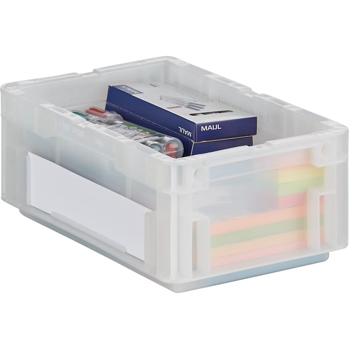 Caja de almacenamiento transparente con contenido, incluyendo bolígrafos y notas adhesivas. Caja azul con etiqueta "MAUL".