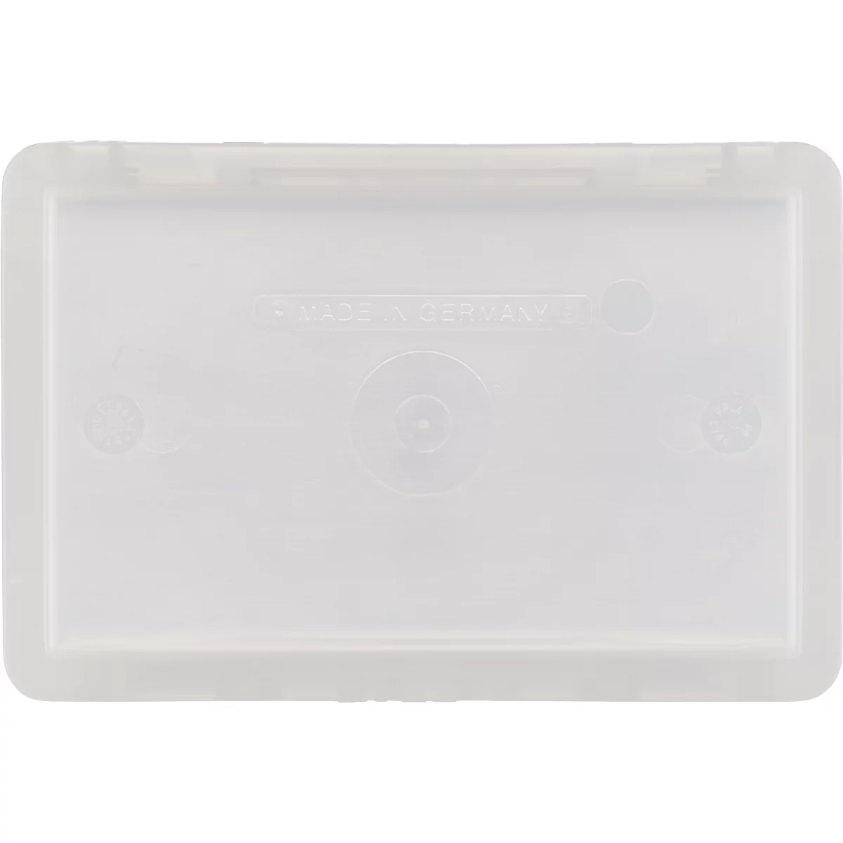 Tapa de plástico rectangular transparente con texto en relieve 'MADE IN GERMANY'.