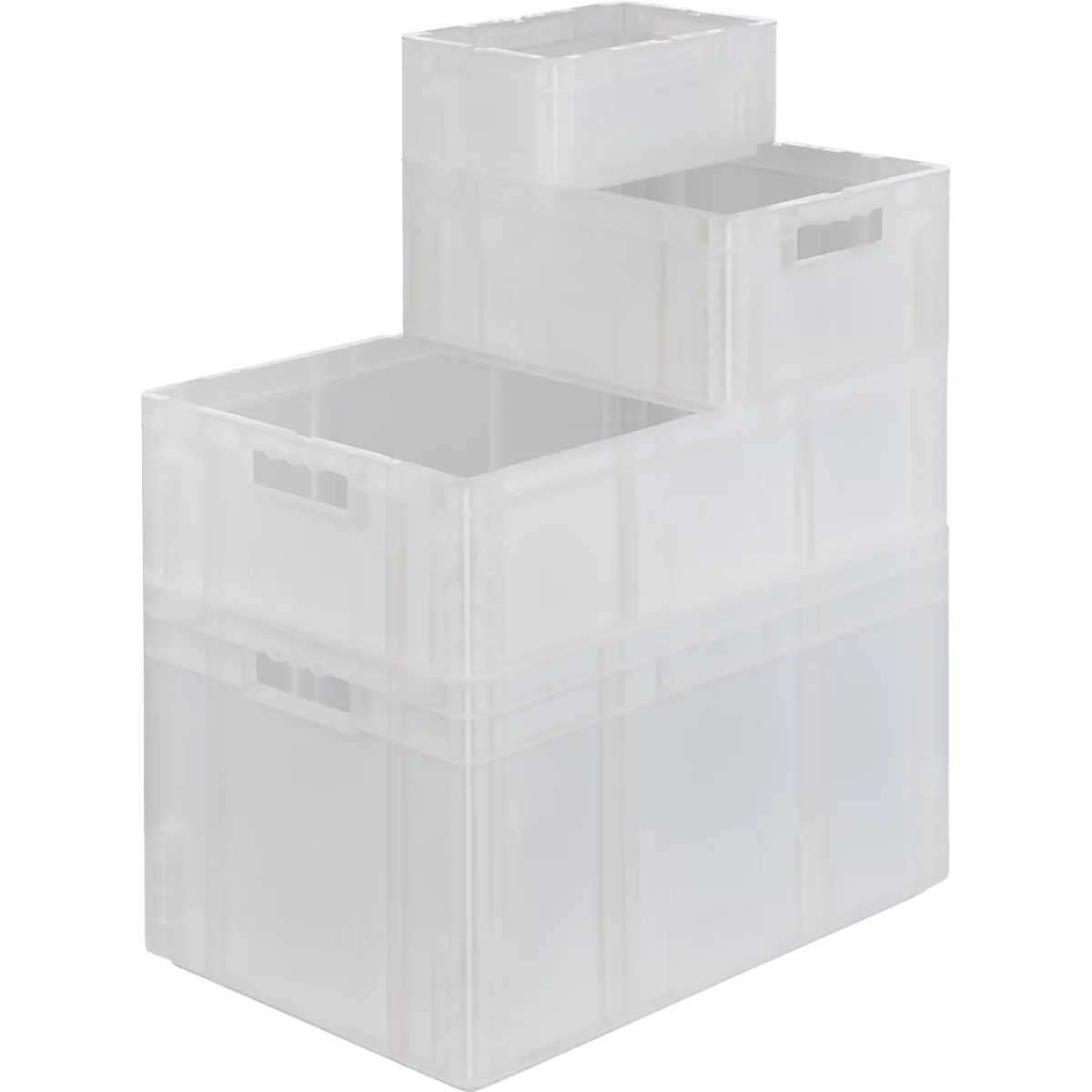 Cuatro cajas de plástico transparente, apiladas. Cada caja tiene una parte superior abierta y asas a los lados.