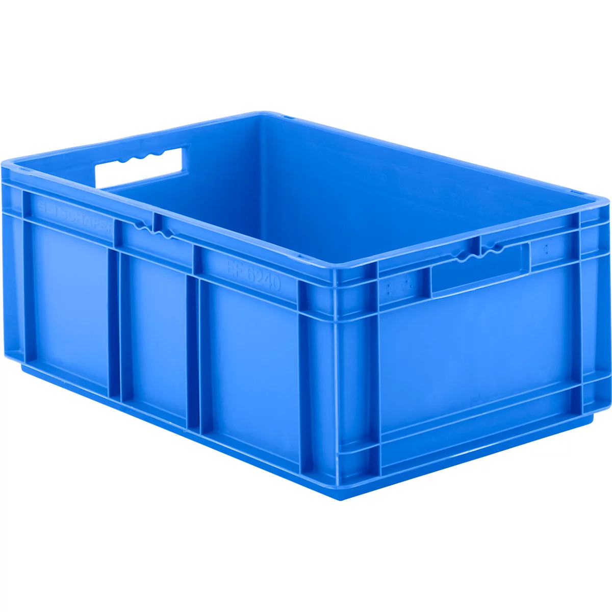 Caja de plástico azul con aberturas para asas.