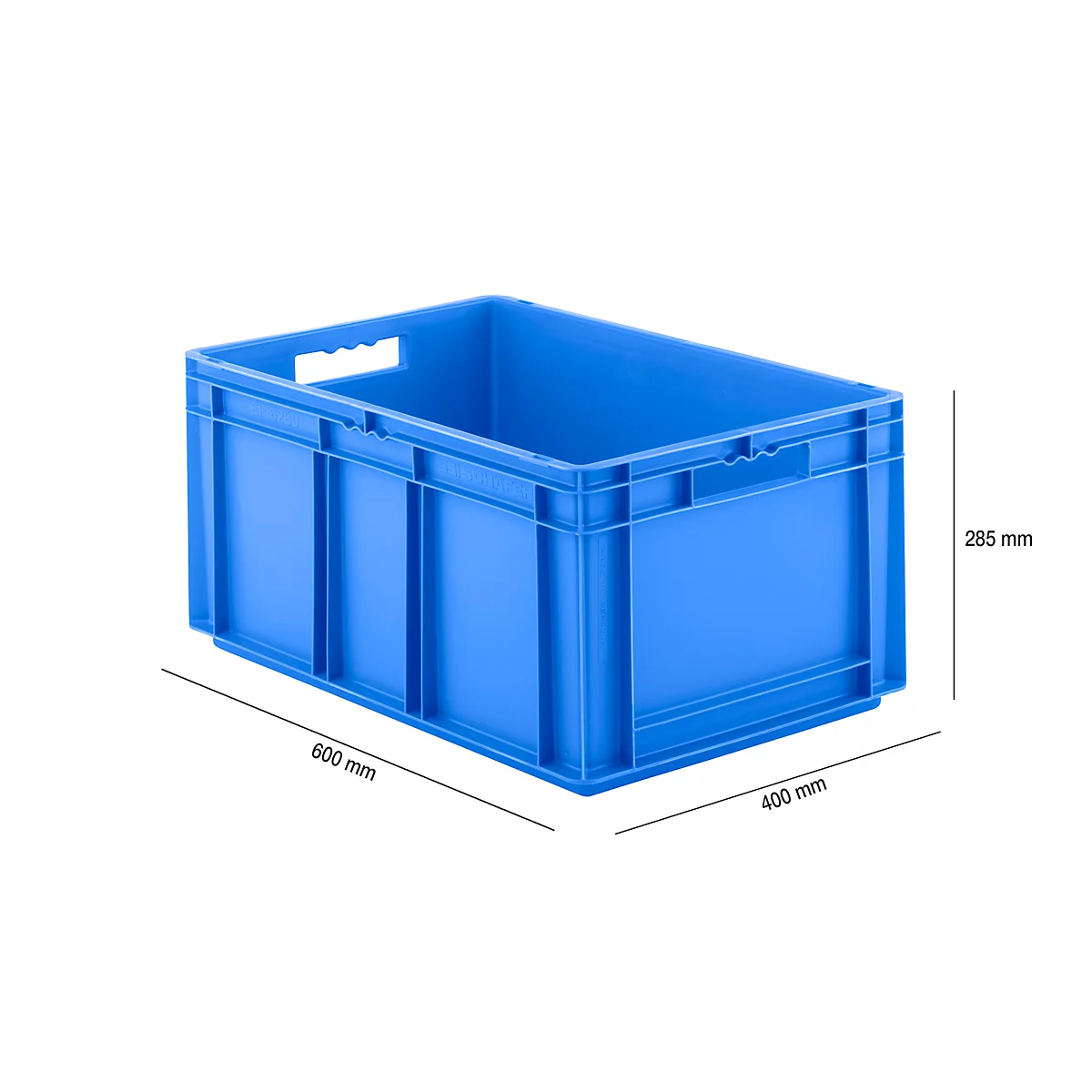 Blue plastic box with handles. Dimensions: 600 x 400 x 285 mm.