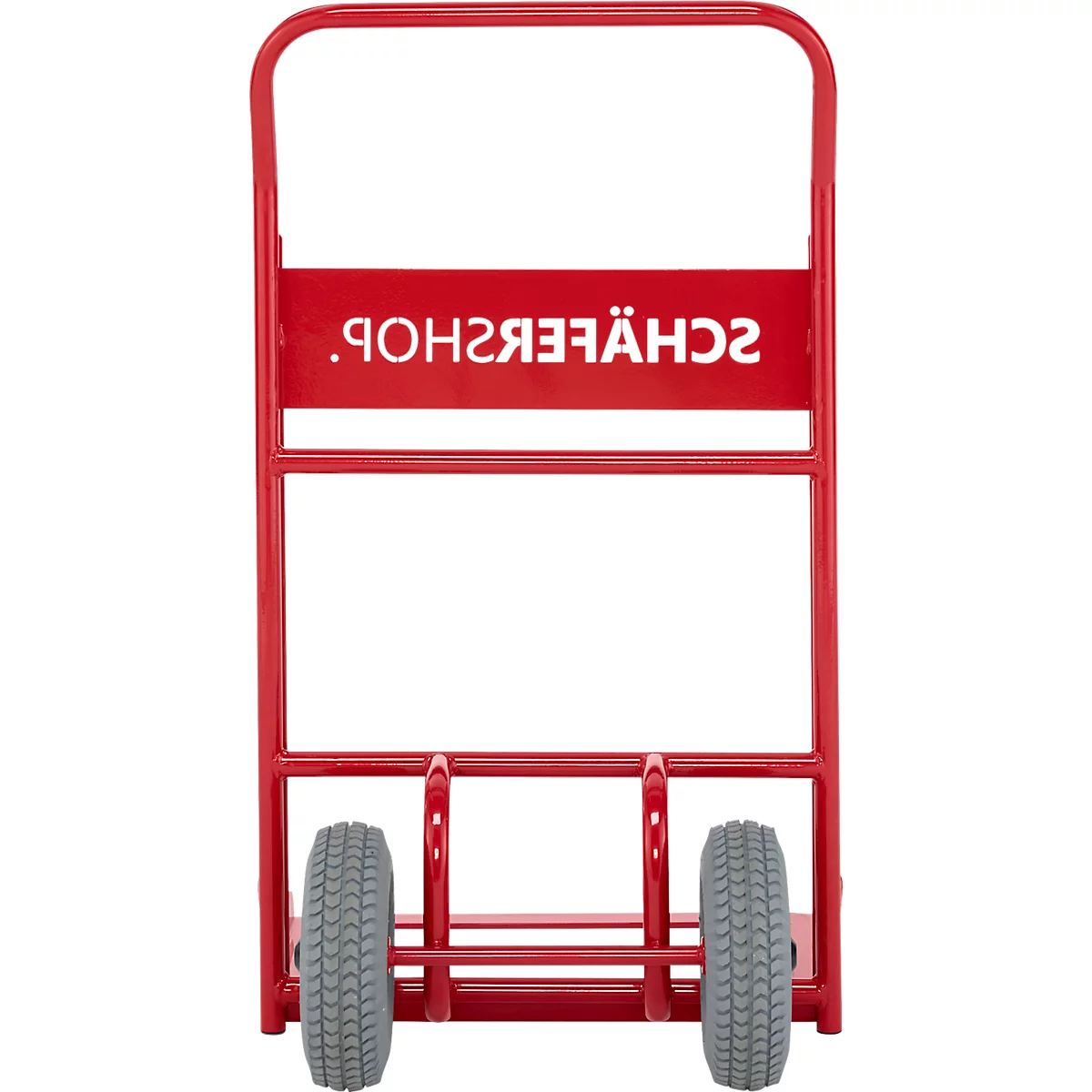 Roter Sackkarren mit "SCHÄFFERSHOP" Schriftzug. Zwei graue Reifen, Stahlrahmen.
