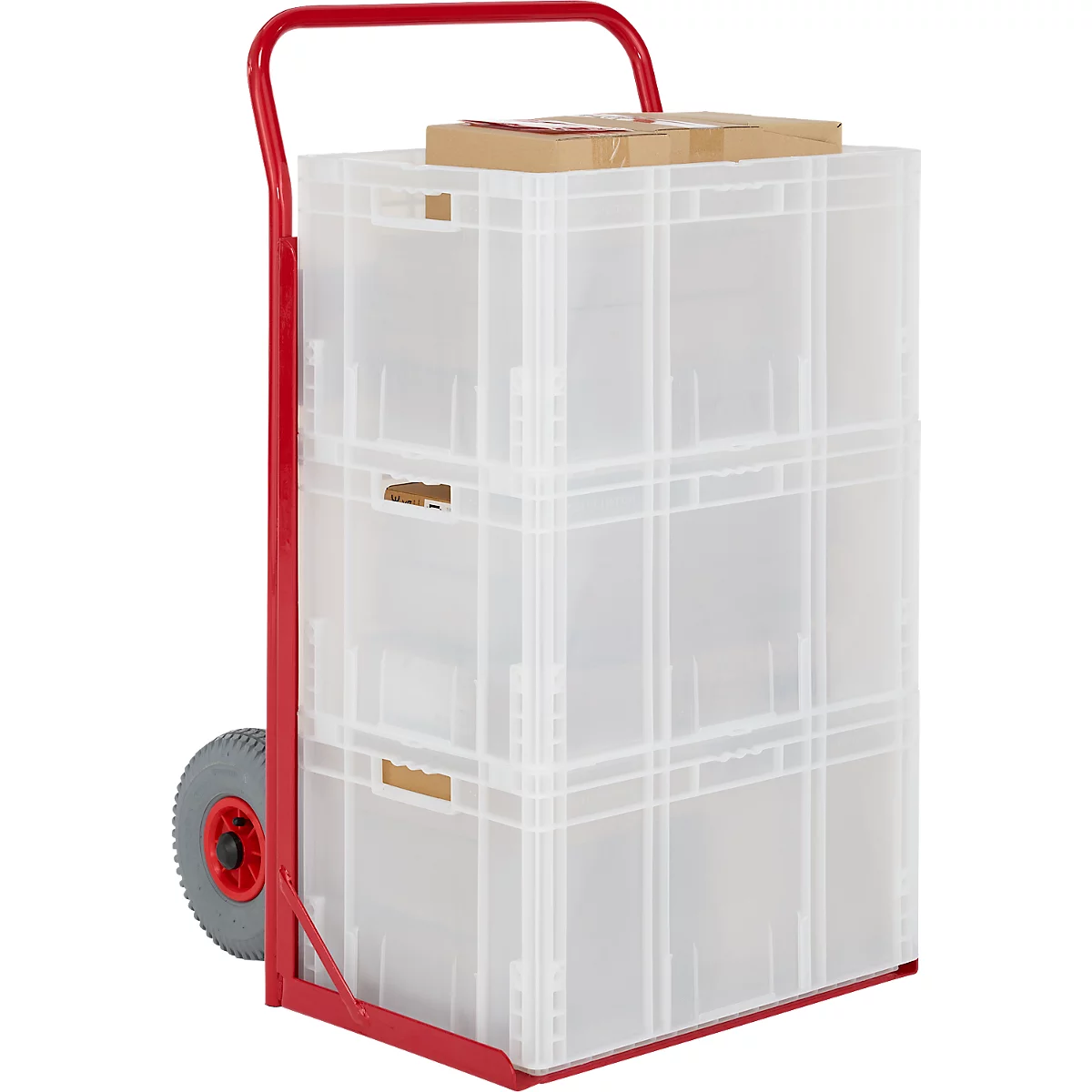 Roter Handwagen mit Kunststoffboxen und einer braunen Box obendrauf.
