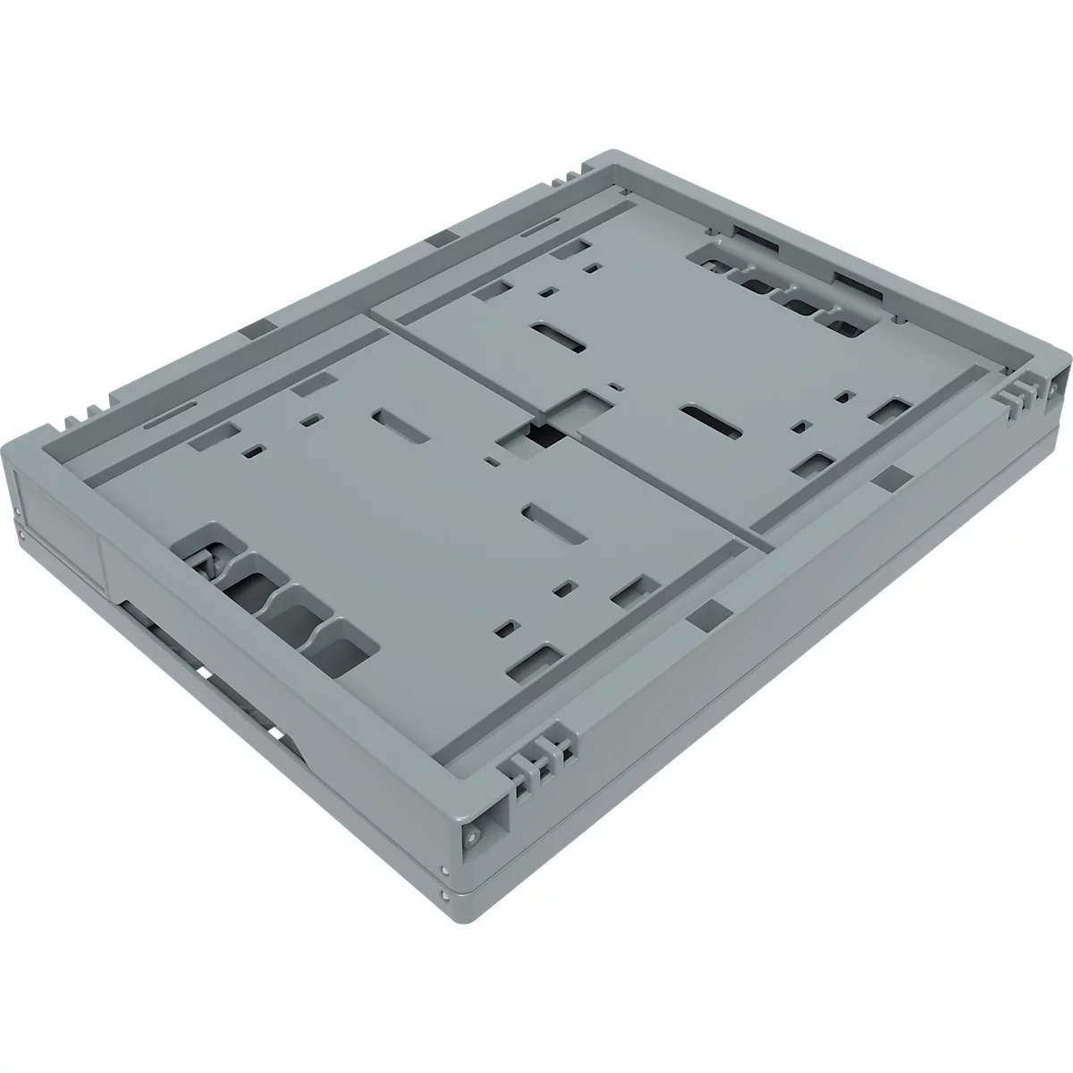 Grijze plastic doos, rechthoekig, plat, met talrijke openingen en verstevigingen. Perspectief.