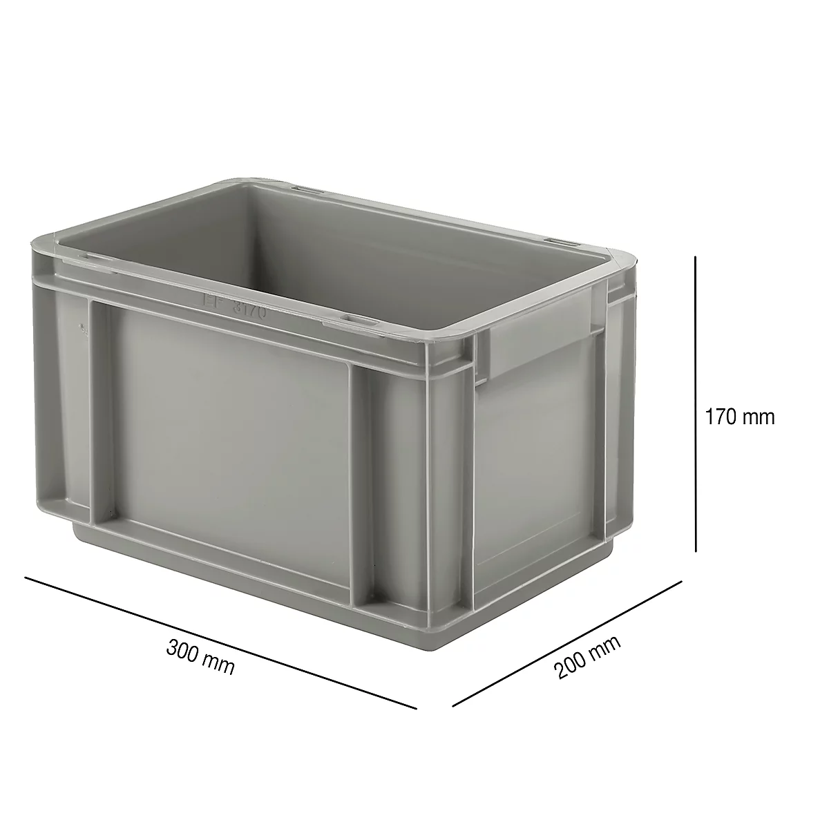 Gray plastic box, 300 x 200 x 170 mm, with side handles and dimension measurements.