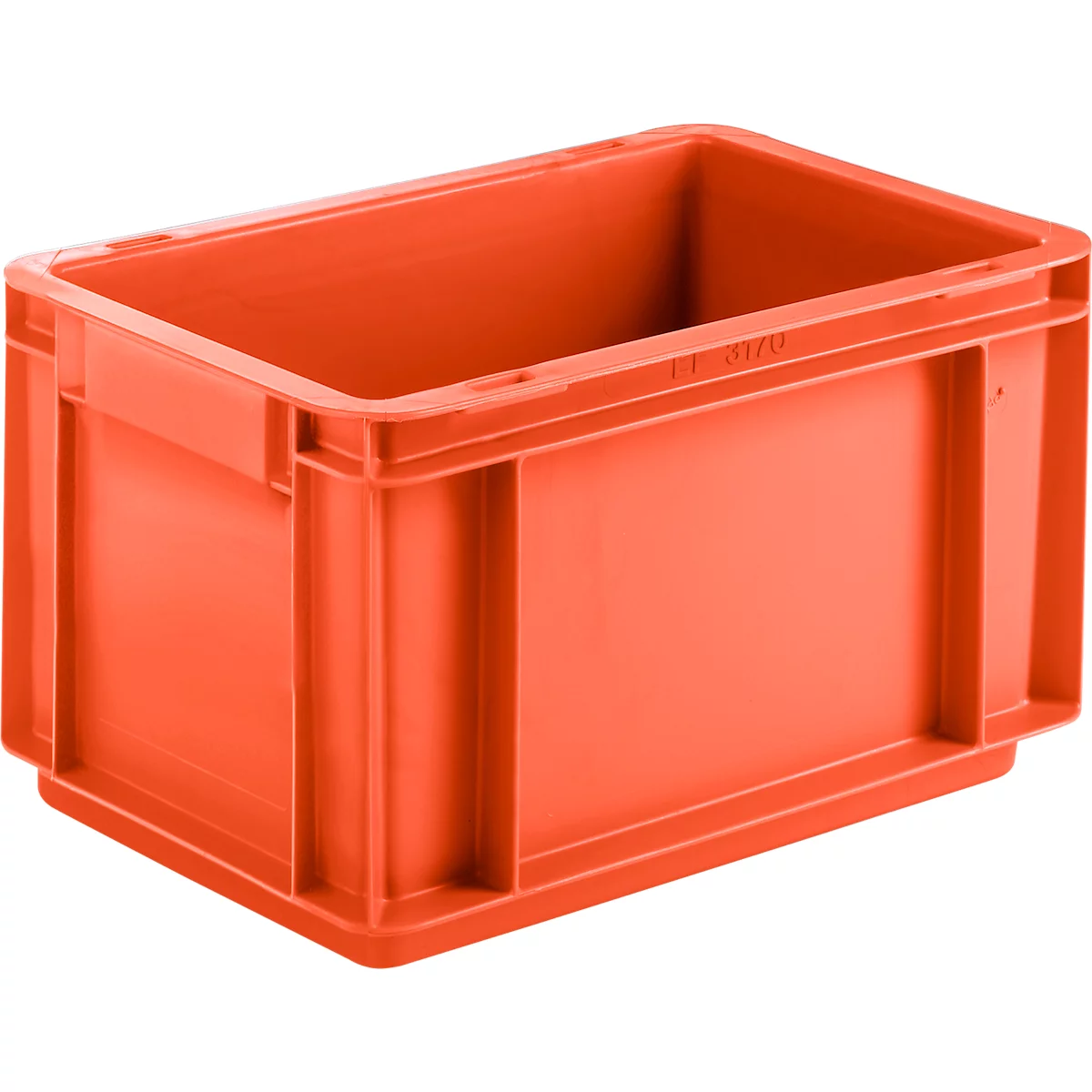 Orange plastic box. Rectangular shape with raised edges and handles.