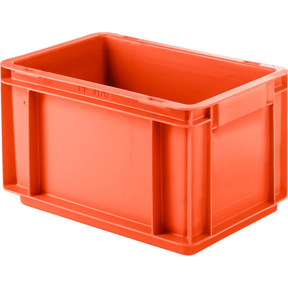 Orange plastic box with a rectangular shape and handles.