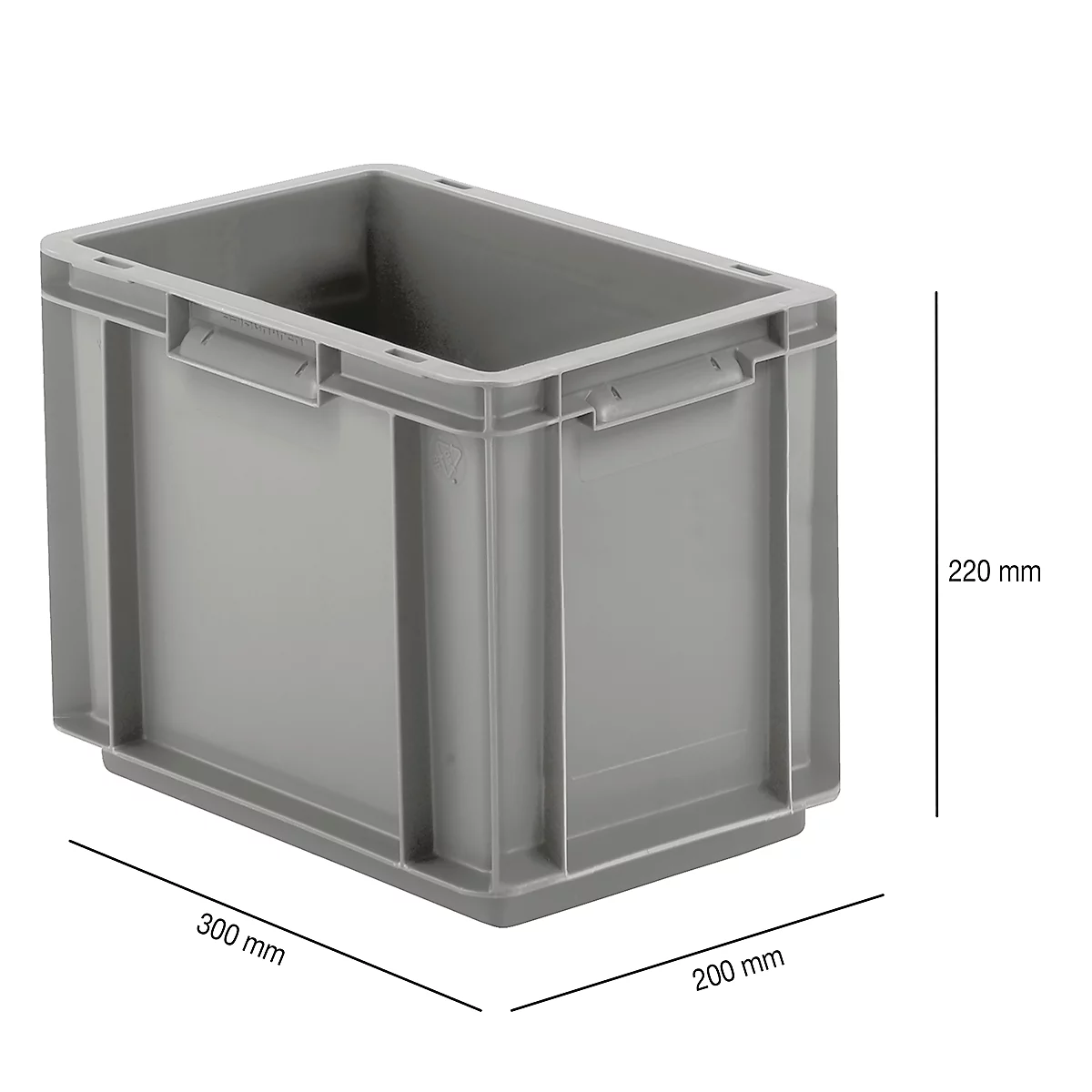 Grey plastic box with handles. Dimensions: 300 x 200 x 220 mm.
