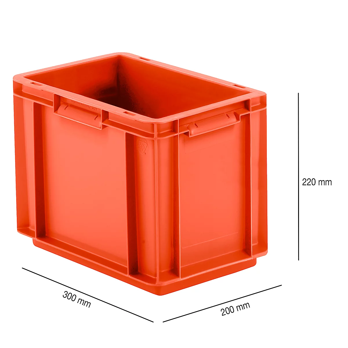An orange plastic box with handles, dimensions: 300 x 200 x 220 mm.