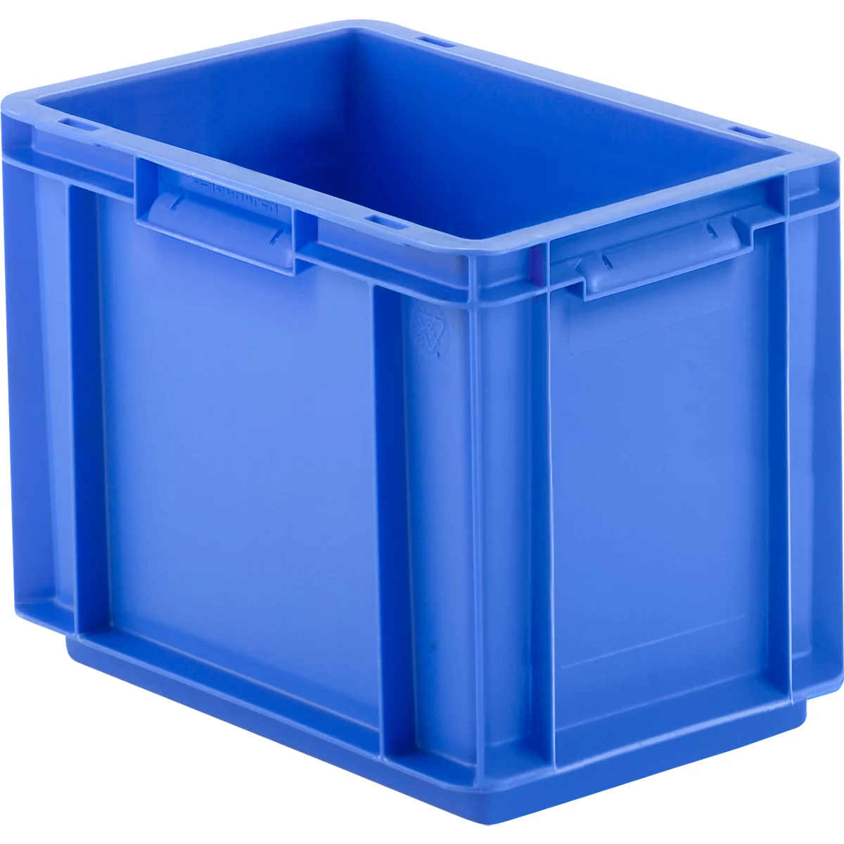 Blue plastic box with handles, rectangular.