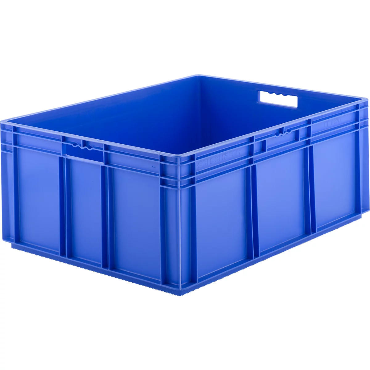 Blue storage box with handles. Rectangular shape.