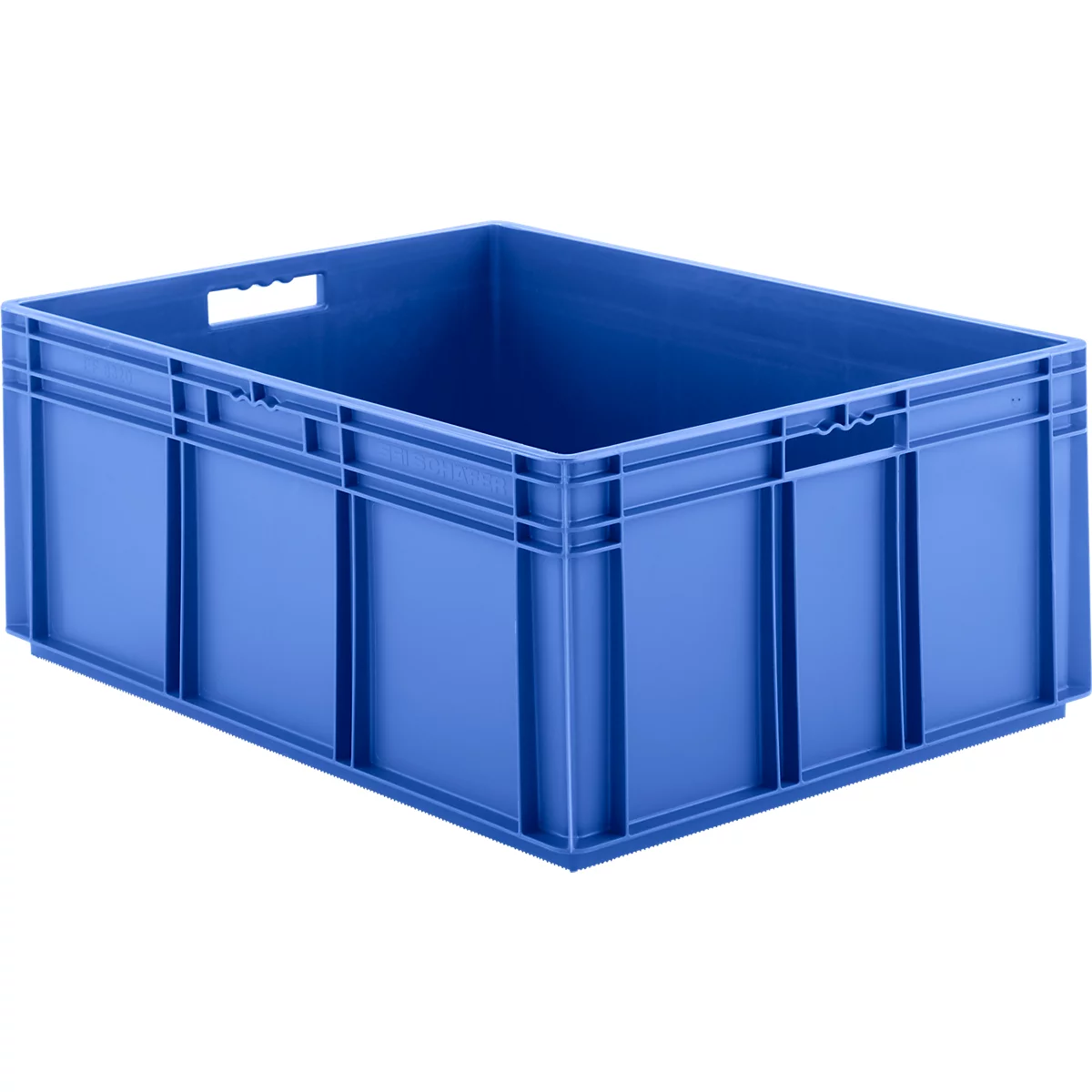 Blue plastic box with handle openings. It stands on a white background.