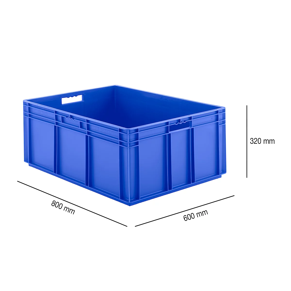 Blue plastic box, dimensions: 800x600x320 mm.