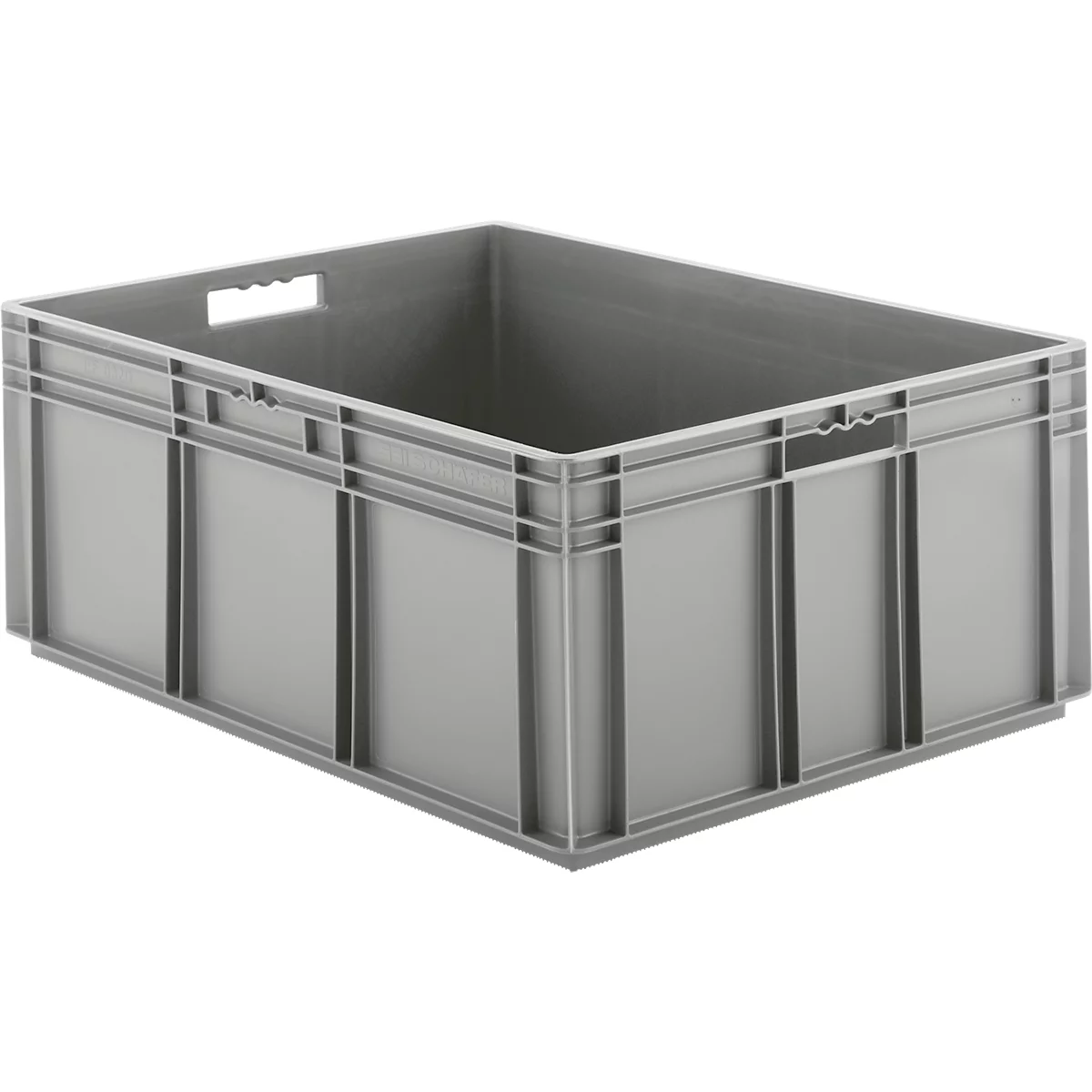 Gray plastic box with handles, rectangular, empty.