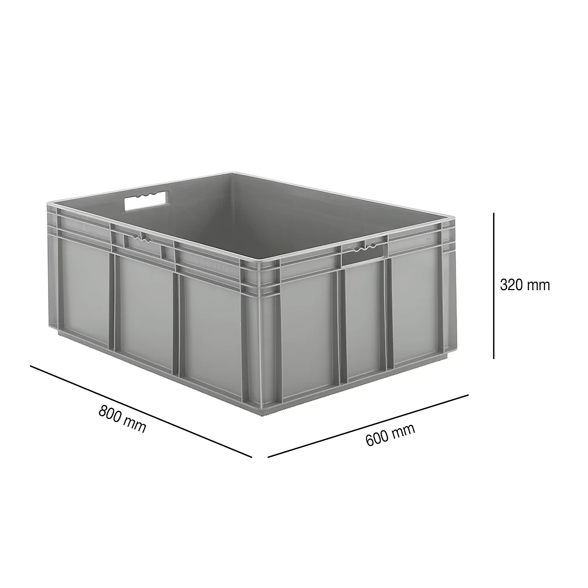 Gray plastic box with handle openings and dimensions: 800x600x320mm.