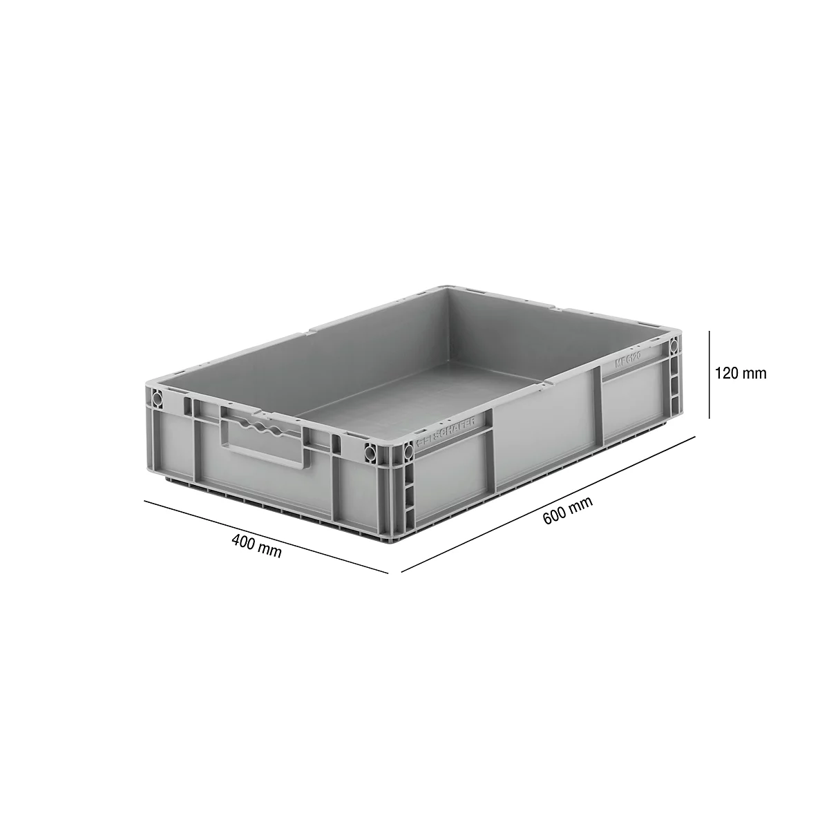 Grey storage box, dimensions: 600x400x120mm. Plastic container, with handle, for storage.