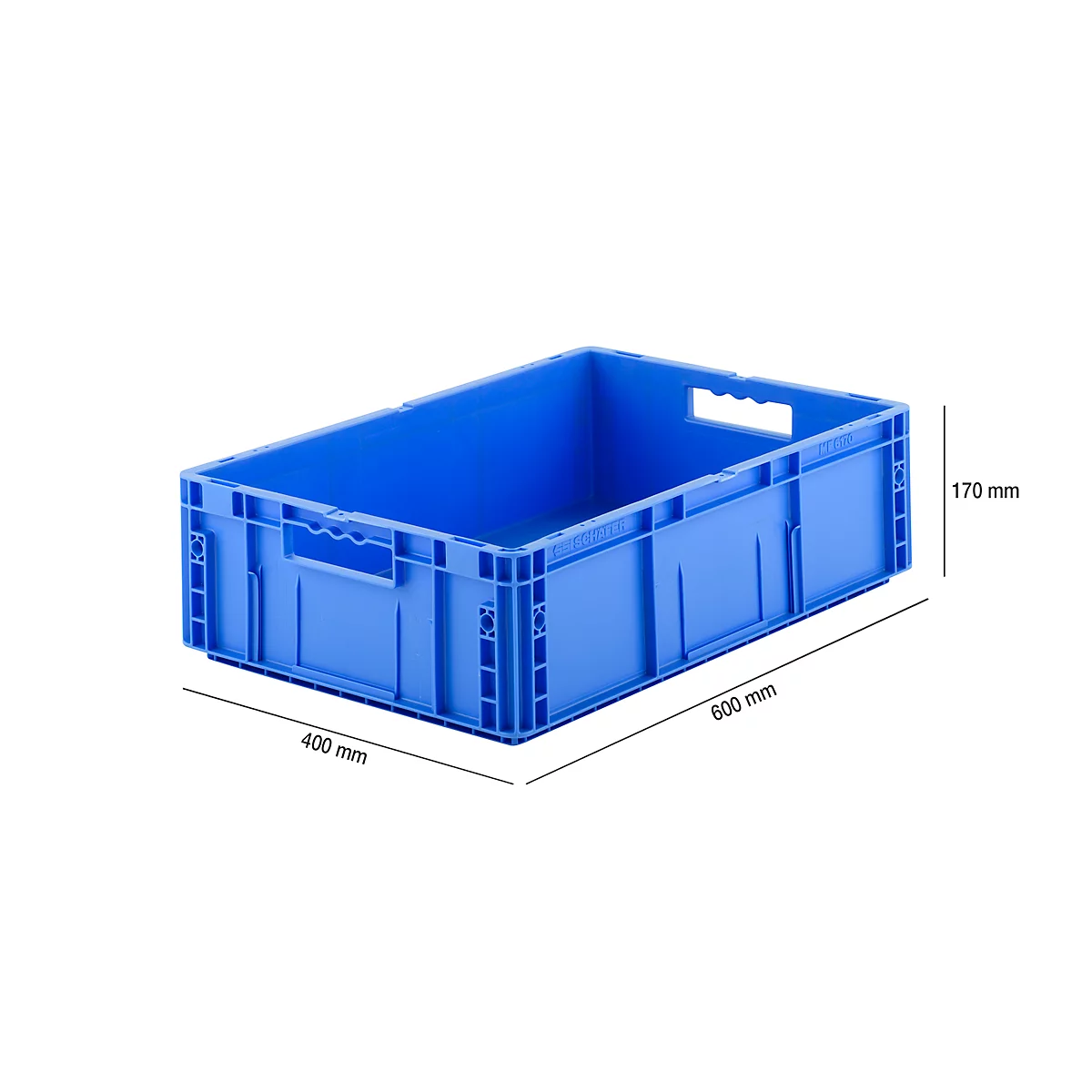 Blue storage box with handles. The dimensions are 600 mm x 400 mm x 170 mm.