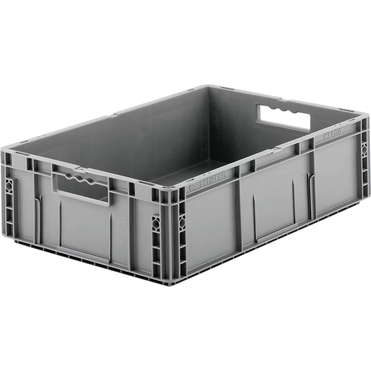 Gray plastic box with handles. Open container on a neutral background.